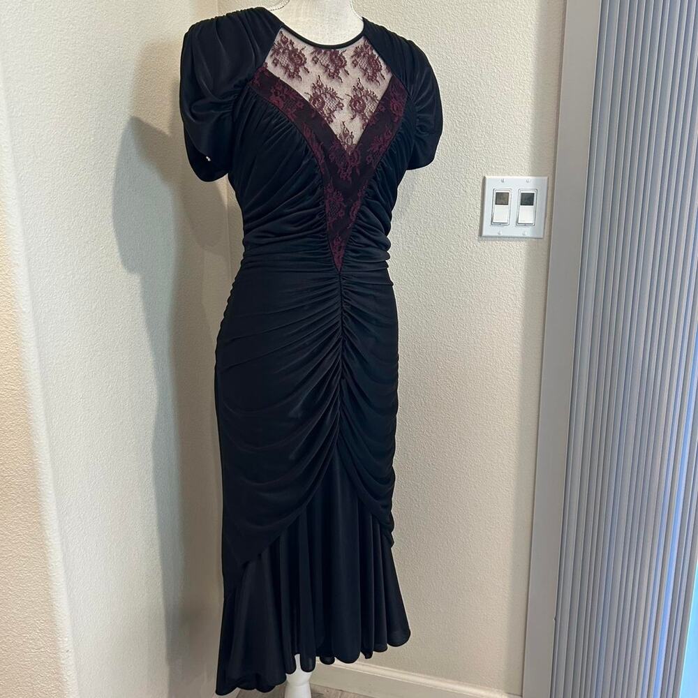 Vintage black ruched midi dress with back cut out. Size 12